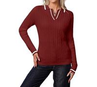 YUNDAI Womens Jumpers Collared PoloV-Neck Long Sleeve Cable Knit Contrasting Color Casual Lightweight Slim Fitted Cute Tee Tops Blouse, 2X-Large Wine Red