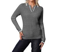 YUNDAI Womens Jumpers Collared PoloV-Neck Long Sleeve Cable Knit Contrasting Color Casual Lightweight Slim Fitted Cute Tee Tops Blouse, 2X-Large Gray