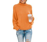YUNDAI Womens Jumpers Turtleneck Batwing Long Sleeve Loose Oversized Sweater Knitted Pullover Solid Color Chunky Tops for Winter, Medium Orange