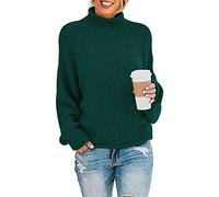 YUNDAI Womens Jumpers Turtleneck Batwing Long Sleeve Loose Oversized Sweater Knitted Pullover Solid Color Chunky Tops for Winter, Small Dark Green