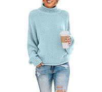 YUNDAI Womens Jumpers Turtleneck Batwing Long Sleeve Loose Oversized Sweater Knitted Pullover Solid Color Chunky Tops for Winter, X-Large Aqua Blue