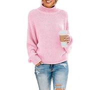 YUNDAI Womens Jumpers Turtleneck Batwing Long Sleeve Loose Oversized Sweater Knitted Pullover Solid Color Chunky Tops for Winter, X-Large Pink