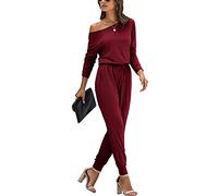 YUNDAI Womens Jumpsuits One Piece Casual Off Shoulder Playsuit Long Sleeve Overalls Elastic Waist Stretchy Romper with Pockets XX-Large,Wine Red