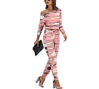 YUNDAI Womens Jumpsuits One Piece Casual Off Shoulder Playsuit Long Sleeve Overalls Elastic Waist Stretchy Romper with Pockets XX-Large,Camouflage Pink