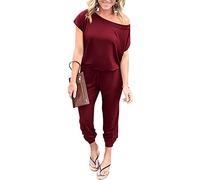 YUNDAI Womens Jumpsuits One Piece Casual Off Shoulder Playsuit Short Sleeve Overalls Elastic Waist Stretchy Romper with Pockets Medium,Wine Red