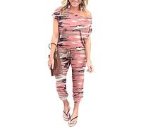YUNDAI Womens Jumpsuits One Piece Casual Off Shoulder Playsuit Short Sleeve Overalls Elastic Waist Stretchy Romper with Pockets Medium,Camouflage Pink