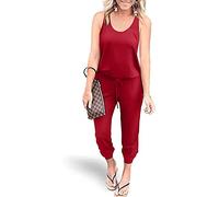 YUNDAI Womens Jumpsuits One Piece Casual Off Shoulder Playsuit Sleeveless Overalls Elastic Waist Stretchy Romper with Pockets XX-Large,Wine Red