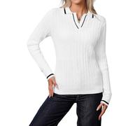 YUNDAI Womens Long Sleeve Cable Knitted Collared V Neck Jumpers