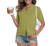 YUNDAI Women's Short Sleeve Knit Cardigan, Collared Lightweight Open Front Jumper, Ladies Casual Summer Knitted Outerwear Tops for Daily Wear, Medium Army Green