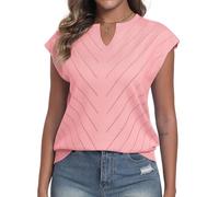 YUNDAI Women's Short Sleeve Knitted Top V Neck Casual Summer Lightweight Soft Pullover Ladies Daily Wear T-Shirt, Medium Light Pink