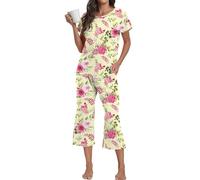 YUNDAI Women's Short Sleeve Pyjama Set Floral Print Soft Loungewear 2 Piece Nightwear Top and Capri Pants with Pockets, Large Apricot Pink Flower