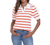 YUNDAI Womens Short Sleeve V Neck Striped T Shirt Summer Knitted Collared Casual Slim Fitted Cute Polo Shirt Tops Blouse, Small White Stripe Orange