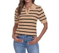 YUNDAI Womens Short Sleeve V Neck Striped T Shirt Summer Knitted Collared Casual Slim Fitted Cute Polo Shirt Tops Blouse, Large Khaki Stripe Black