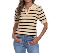 YUNDAI Womens Short Sleeve V Neck Striped T Shirt Summer Knitted Collared Casual Slim Fitted Cute Polo Shirt Tops Blouse, Medium Apricot Stripe Black
