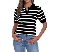 YUNDAI Womens Short Sleeve V Neck Striped T Shirt Summer Ribbed Knit Collared Casual Slim Fitted Cute Basic Tee Tops Blouse, Medium Black Stripe White