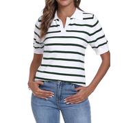 YUNDAI Womens Short Sleeve V Neck Striped T Shirt Summer Ribbed Knit Collared Casual Slim Fitted Cute Basic Tee Tops Blouse, Large White Stripe Green