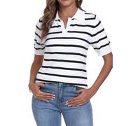 YUNDAI Womens Short Sleeve V Neck Striped T Shirt Summer Ribbed Knit Collared Casual Slim Fitted Cute Basic Tee Tops Blouse, Large White Stripe Black