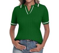 YUNDAI Womens Summer Jumpers Polo Collared V-Neck Short Sleeve T-Shirts Tops Ribbed Knit Contrasting Color Casual Lightweight Slim Fitted Cute Blouse, Large Green