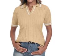 YUNDAI Womens Summer Jumpers Polo Collared V-Neck Short Sleeve T-Shirts Tops Ribbed Knit Contrasting Color Casual Lightweight Slim Fitted Cute Blouse, Small Apricot