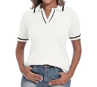 YUNDAI Womens Summer Jumpers Polo Collared V-Neck Short Sleeve T-Shirts Tops Ribbed Knit Contrasting Color Casual Lightweight Slim Fitted Cute Blouse, 2X-Large White