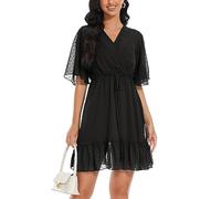 YUNDAI Womens Summer Mini Dresses Chiffon Wrap Dress Casual Ruffle Short Sleeve V Neck Leopard Print High Waist Flowy Midi Dress with Belt, Small Black
