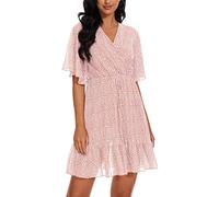 YUNDAI Womens Summer Mini Dresses Chiffon Wrap Dress Casual Ruffle Short Sleeve V Neck Leopard Print High Waist Flowy Midi Dress with Belt, Small Floral Pink