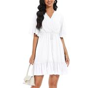 YUNDAI Womens Summer Mini Dresses Chiffon Wrap Dress Casual Ruffle Short Sleeve V Neck Leopard Print High Waist Flowy Midi Dress with Belt, Small White