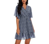 YUNDAI Womens Summer Mini Dresses Chiffon Wrap Dress Casual Ruffle Short Sleeve V Neck Leopard Print High Waist Flowy Midi Dress with Belt, Small Floral Dark Blue
