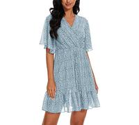 YUNDAI Womens Summer Mini Dresses Chiffon Wrap Dress Casual Ruffle Short Sleeve V Neck Leopard Print High Waist Flowy Midi Dress with Belt, Medium Floral Light Blue