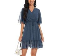 YUNDAI Womens Summer Mini Dresses Chiffon Wrap Dress Casual Ruffle Short Sleeve V Neck Leopard Print High Waist Flowy Midi Dress with Belt, Small Lake Blue