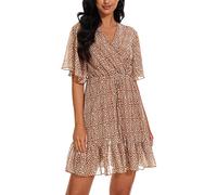 YUNDAI Womens Summer Mini Dresses Chiffon Wrap Dress Casual Ruffle Short Sleeve V Neck Leopard Print High Waist Flowy Midi Dress with Belt, 2X-Large Floral Coffee