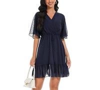 YUNDAI Womens Summer Mini Dresses Chiffon Wrap Dress Casual Ruffle Short Sleeve V Neck Leopard Print High Waist Flowy Midi Dress with Belt, 2X-Large Navy