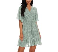 YUNDAI Womens Summer Mini Dresses Chiffon Wrap Dress Casual Ruffle Short Sleeve V Neck Leopard Print High Waist Flowy Midi Dress with Belt, Medium Floral Light Green