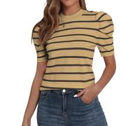 YUNDAI Women's Summer Short Puff Sleeve Tops Crewneck Trendy Knit Slim Fit Striped T-Shirts Casual Blouses, Small Apricot Stripe Black