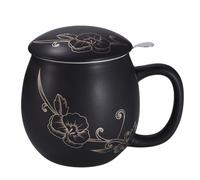 Yundu 12 OZ Ceramic Mug with Lid & Tea Strainer - Matte Black Tea Cup with Golden Flower, Stainless Steel Infuser for Loose Leaf Tea