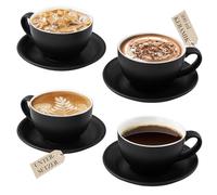 Yundu Matte Black Cappuccino Cups Set 4 x 300 ml. Ceramic Latte Mugs with Saucers, Elegant Espresso Cups for Coffee & Tea