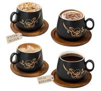 Yundu Matte Black Ceramic Cappuccino Cups Set of 4-300 ml Cappuccino Cups with Wooden Coasters & Golden Flower Design, Coffee Cups Set with Saucer for Latte Art, Espresso Cups, Tea