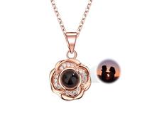YUNEEHA Customized Projection Necklace with Picture Inside - Personalized Engraved Photo Necklace with Flower - Gift for Loved Ones on Christmas, Birthday, Valentine, Wedding, Standard, Brass, Cubic