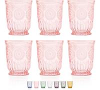 Yungala Pink Glass Cups, set of 6 pink drinking glasses for lovers of vintage pink glassware. Perfect as juice glasses or water glasses for the dining table.