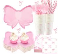 Yungyan 120 Pcs Bow Plates, Cups, Napkins and Tableware Sets for Birthday Decorations Napkins Cups Serve 24 Guests for Bachelorette Bridal Engagement Party Baby Shower