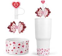 Yungyan 3 Pcs Valentine's Day Cup Accessories Set Heart Straw Cover Cap, Glitter Straw Bow, Silicone Boot Compatible with Stanley Tumbler for Valentines Gifts Women Gift Love Heart Decorations