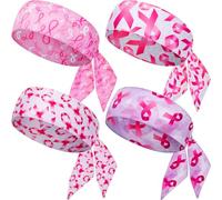 Yungyan 4 Pcs Pink Ribbon Headbands Breast Cancer Awareness Headbands Stretchy Athletic Sweat Wicking Head Tie for Women Gym Yoga Running Exercise Workout