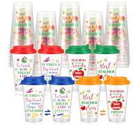 Yungyan 48 Set End of Year Teacher Gift 16 oz Clear Plastic Cups with Rainbow Colors Strawless Sip Lids Disposable Coffee Cups Double Side Design 4 Colors Hot Cold Drink Tumblers for Iced Coffee