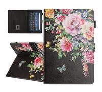 YUNHOTIC Universal Case for 10 Inch Tablet, Multi-Angle Viewing Stand Case for 9.5-10.5 Inch Tablet, Premium PU Leather Folding Stand Cover with Pen Holder & Multiple Angles Stand - Black Flower
