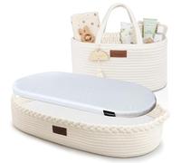 Yunioo Cotton Rope Changing Basket & Nappy Caddy Organiser Set | Bamboo Mattress Included | Foldable Baby Changing Mat | Boho Nursery Essentials