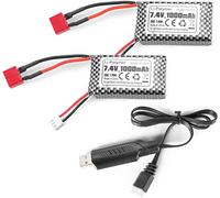YUNIQUE GREEN-CLEAN-POWER - Set of 2 Lipo Batteries 7.4V 1000mAh T Plug | Compatible with RC 18859 18858 Q902 35-DJ03 | Includes USB Charger, Silver