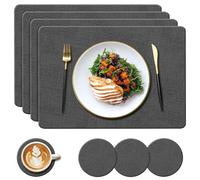 YUNJUER 4 Leather Place Mats and 4 Round Coasters Set, Heat-Resistant 212 °F Placemats, Non-Slip and Waterproof, PU Table Mats for Kitchen Indoor, Outdoor Glass Dining Table, 43x30cm, (Black)