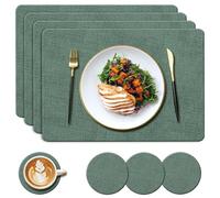 YUNJUER Leather Place mats and Round Coasters Set, Heat-Resistant 212 °F, Non-Slip and Waterproof, Easy to Clean, PU Table Mats for Kitchen, Home, Restaurant, Dining Table, 8 Pieces, 43x30cm, (Green)