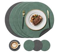 YUNJUER Round Leather Place Mats and Coasters Set of 4, Heat-Resistant 212°F, Non-Slip ＆ Waterproof Dual-Sided Placemats, Table Mats for Kitchen, Restaurant, Outdoor Glass Marble Table, (Green/Grey)