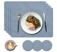 YUNJUER Washable Leather Place mats and Round Coasters Set, Heat Resistant 212 °F, Non-Slip and Waterproof, Easy to Clean for Kitchen, Restaurant, Hotel, Dining Room, 8 Pieces, 43x30cm, (Blue)